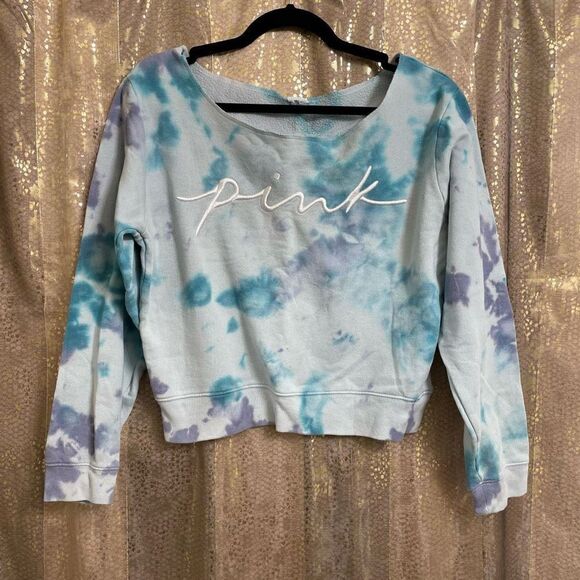 PINK Victorias Secret Blue Tie Dye Off The Shoulder Sweatshirt S/M - Picture 1 of 3